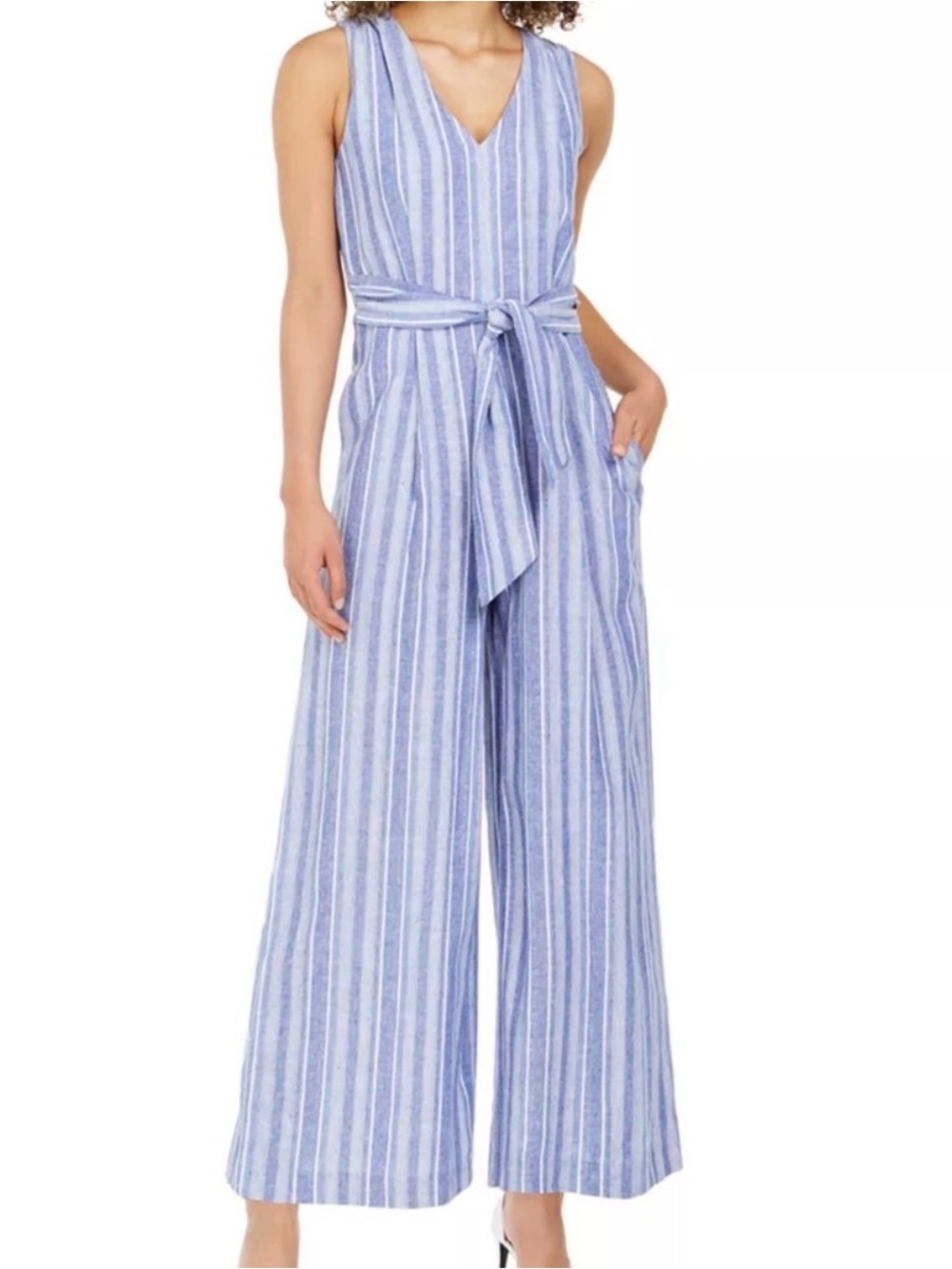 Calvin Klein Blue/White Striped Linen V-Neck Sleeveless Tie Waist Jumpsuit 10 - Picture 16 of 16